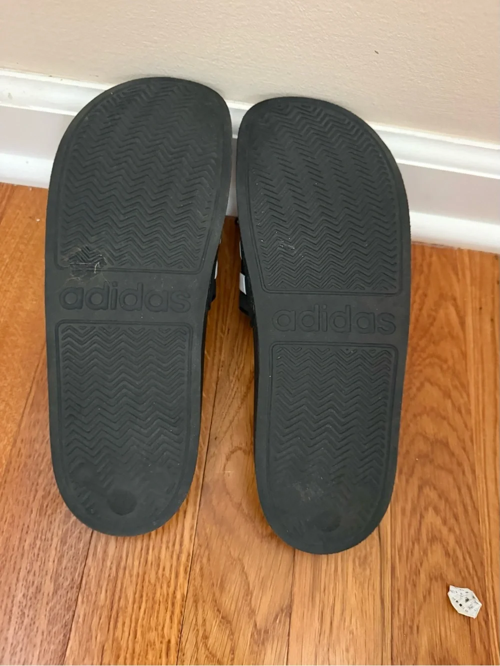 adidas Black Slides with White Three-Stripe Strap